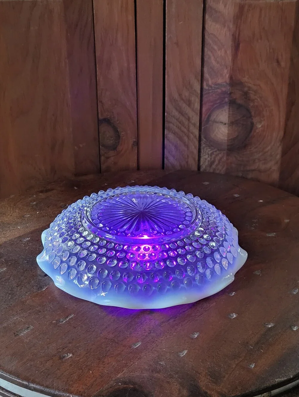 Opalescent Blue Hobnail Glass Dish